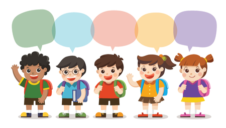 Back to school,Cute kids go to school with speech frame, Set of diverse Kids and Different nationalities with speech frame isolated on white background.のイラスト素材