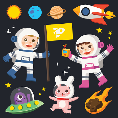 Conquest of space. Space elements. Planet earth, sun and galaxy, spaceship and star, moon and small kids astronaut, vector illustration.のイラスト素材