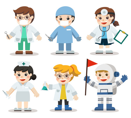 Kid Set of Different Medicine and Health care professions. Doctor, Scientist, Dentist, Astronaut, Nurse. Hospital workers. Vector illustration in a flat style. Isolated vectorのイラスト素材