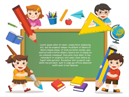 Back to school. Happy children with elements of school. Template for advertising brochure on white background.のイラスト素材