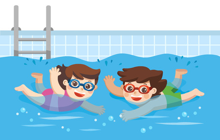 Cheerful and active little Boy and Girl swimming in the swimming pool.のイラスト素材
