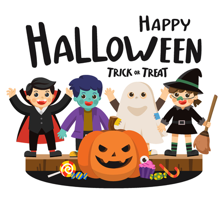 Happy Halloween and Trick or Treat Party. Children in colorful costumes and pumpkins with candy.Template for advertising brochure.のイラスト素材