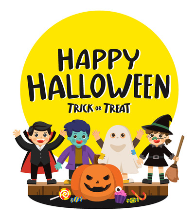 Happy Halloween and Trick or Treat Party. Children in colorful costumes and pumpkins with candy.
Template for advertising brochure.のイラスト素材