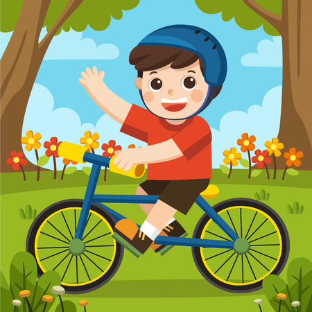 A boy in a helmet having fun in spring park with his blue bicycle on beautiful fall day.のイラスト素材
