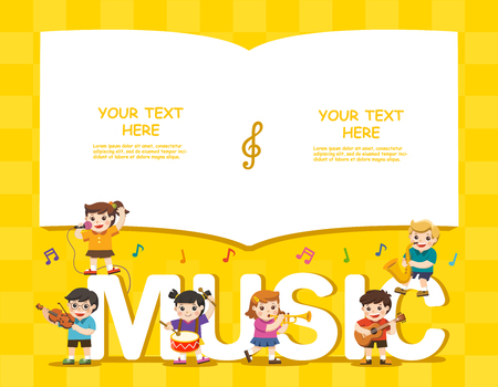 Music concept of children group. Kids playing musical instruments .Template for advertising brochure. Children look up with interest.のイラスト素材