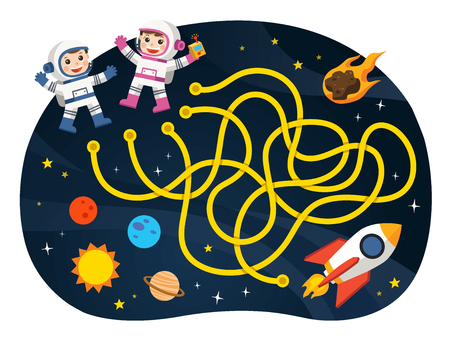 Maze games find the path for Astronaut with space and spaceship theme collection. illustration. Space scenes.のイラスト素材