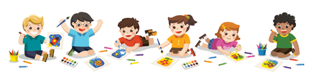 Back to school, Happy Children draw pictures pencils and paints on floor.Isolated vector.のイラスト素材