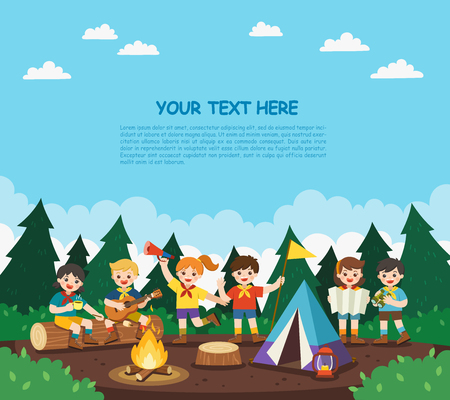 Children camping out in the park. Camping kids concept. Summer camp education advertising. vector illustration.のイラスト素材
