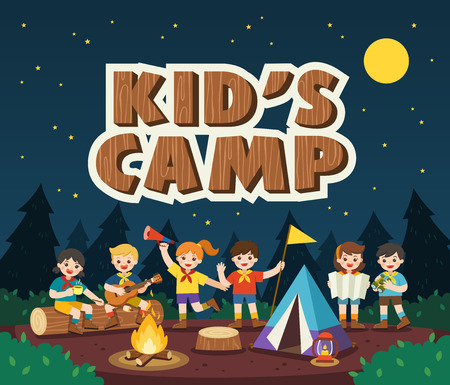 Children camping out in the park. Camping kids concept. Summer camp education advertising. vector illustration.のイラスト素材