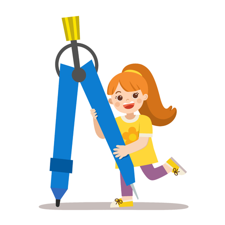 Back to School. A girl holding a big compass circle tool. Happy school kid with elements of school.のイラスト素材