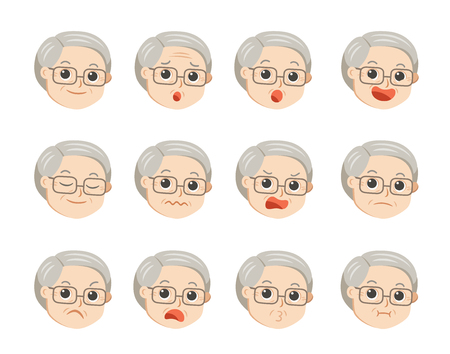 Cute grandpa in glasses with facial emotions. Grandpa face with different expressions. Granny in cartoon style vector illustration.のイラスト素材