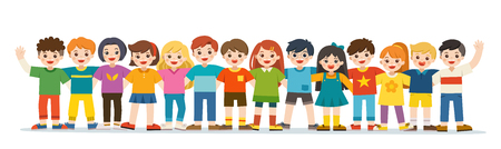 Group of smiling boys and girls. Happy student standing together and waving hands. Isolated on white background.のイラスト素材
