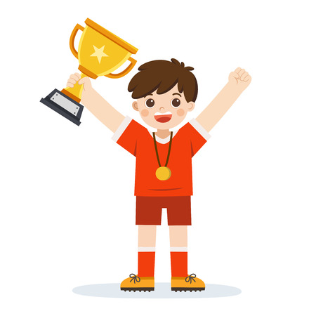 Young athletes boy won the football match. A boy holding winner cup, kid celebrating his victory.のイラスト素材