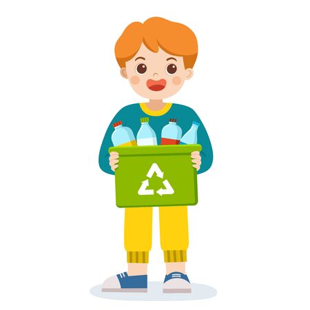 Happy smiling boy carrying a container bin of bottles suitable for recycling.  Save Earth. Waste recycling.のイラスト素材
