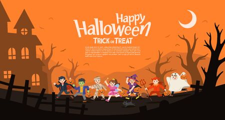 Happy Halloween. Children dressed in Halloween fancy dress to go Trick or Treating.Template for advertising brochure.のイラスト素材