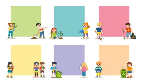 Set Note of Kids planted and watering young trees, gathering garbage and plastic waste for recycling. Save Earth. Template for advertising brochure.のイラスト素材