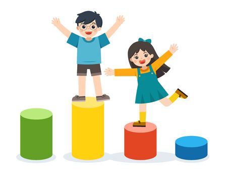 Happy excited kids having fun together. Children playing on 
platform.のイラスト素材