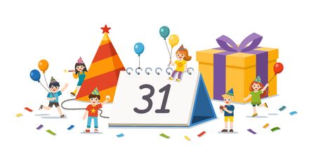 Happy Kids celebrating new year party. Happy New Year greeting card. Template for advertising brochure.のイラスト素材
