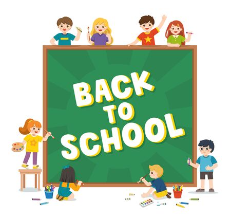Back to School. Happy school kids holding blackboard with back to school writing. Template for advertising brochure. Children look up with interest. Vector illustration. のイラスト素材