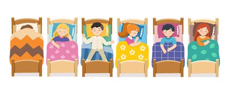 Set of Children character lying in different postures during night slumber. Boys and girls sleeping in bed in various poses. Bedtime and rest. vector illustration.のイラスト素材
