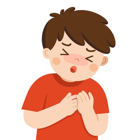 Sick cute boy with suffering from chest pain on white background. Flu symptoms. Health problemのイラスト素材