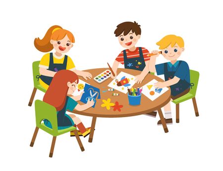 Back to School. Happy children painting and drawing on paper. Cute boys and girls having fun together. Children look up with interest. Art kids.のイラスト素材