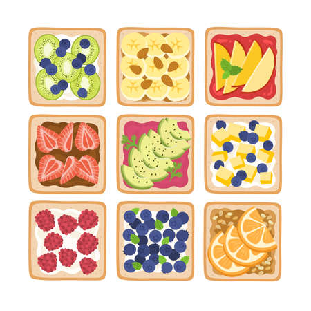 Healthy breakfast toasts. Sandwiches of toast with cream cheese, various fruit, seeds and nuts. Healthy and dieting concept.のイラスト素材