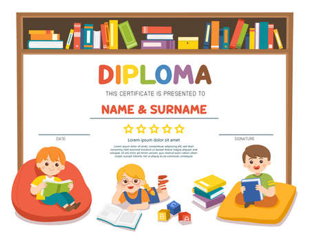 Happy kids read book and study together with multi colored bookshelf in library. Template for advertising brochure.. Template for Certificate kids diploma.のイラスト素材