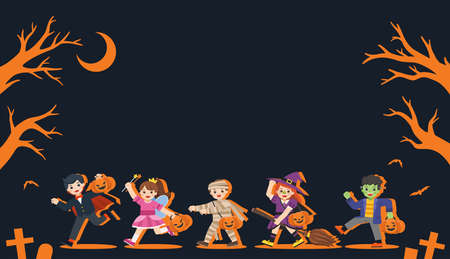 Happy Halloween. Children dressed in Halloween fancy dress to go Trick or Treating.Template for advertising brochure.のイラスト素材