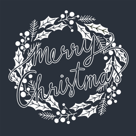 Merry Christmas Typographical on Christmas Wreath. Merry Christmas and Happy Holiday for greeting card. Isolated vector illustration.のイラスト素材