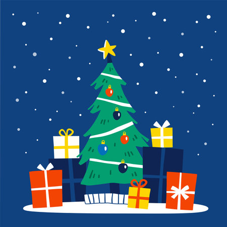Decorated Christmas tree with gift boxes. Merry Christmas and a happy new year card. Flat style vector illustration.のイラスト素材