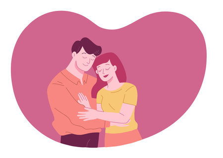 Young romantic couple is hug and spending time together in pink heart shape background. Valentine Romantic concept.のイラスト素材