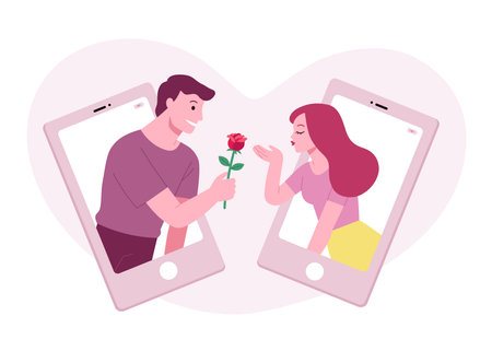 Beautiful adult couples spending Valentineâs Day together over video calls. Woman with air kiss and Man hold red rose. Online date on Valentine concept.のイラスト素材