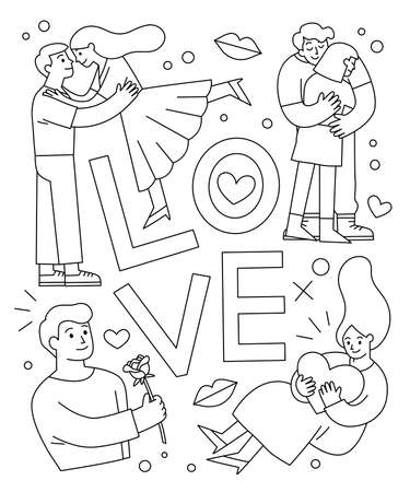 Outline of Romantic couples. men and women in love hugging, cuddling and kissing. Valentine's day greeting card.のイラスト素材