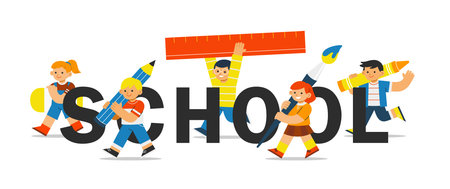 Back to school concept illustration. Adorable students  with art supplies walk around word 'School'.