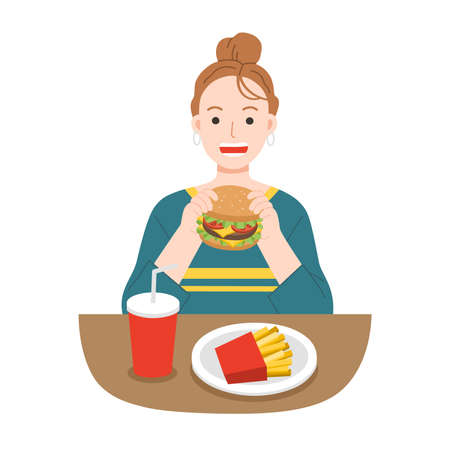 Young women eating hamburger with french fries, and soda. Fast food for life. Unhealthy foods concept.のイラスト素材