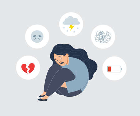 Mental health concept. Young woman is sitting on floor. She feeling sad and hopeless Suffer from depression. Stress and psychological problems.のイラスト素材