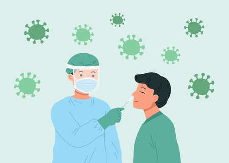 Healthcare worker with protective equipment performs virus swab on young man.のイラスト素材