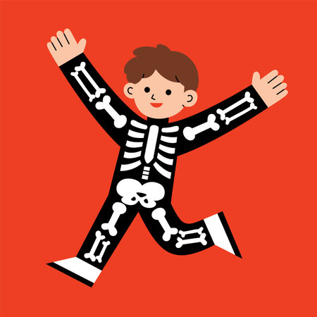 Little boy in skeleton costume for Trick or Treat on white background. Happy Halloween Concept.のイラスト素材