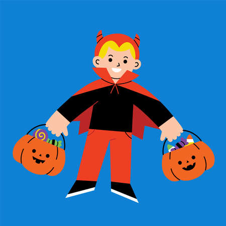 Little boy in Devil monster costume with pumpkin basket for Trick or Treat on white background. Happy Halloween Concept.のイラスト素材