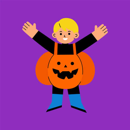 Little boy in Pumpkin costume with pumpkin basket for Trick or Treat on white background. Happy Halloween Concept.のイラスト素材