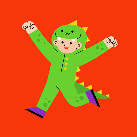 Little boy in Dinosaur costume with pumpkin basket for Trick or Treat on white background. Happy Halloween Concept.のイラスト素材