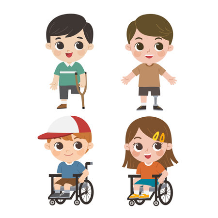 Disability children. Happy children with disabilities set. Kids sitting in wheelchairs. Handicapped children.のイラスト素材