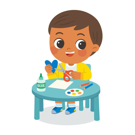 Kid Making Paper Craft with Scissors and Glue. Child Cutting Paper Heart in Art Class Activity. Preschool Boy Enjoying Arts and Crafts at Desk. Kids Creativity,  Education Concept.のイラスト素材