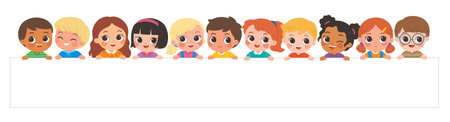 Happy diverse preschool kids holding a big blank banner on a background. Ideal for adding text, education messages, advertising, promotions, or kids-related designs.のイラスト素材