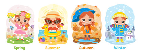Cute girl enjoying 4 seasons: Spring flowers, Summer beach, Autumn rain and Winter snow. Vibrant nature's cycle and childhood joy in a playful, happy, and educational mood.のイラスト素材