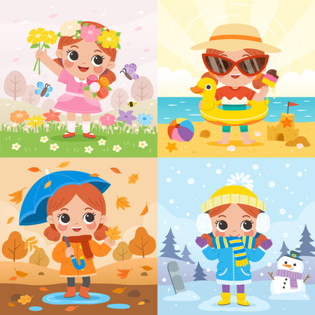 Cute girl enjoying 4 seasons: Spring flowers, Summer beach, Autumn rain and Winter snow. Vibrant nature's cycle and childhood joy in a playful, happy, and educational mood.のイラスト素材