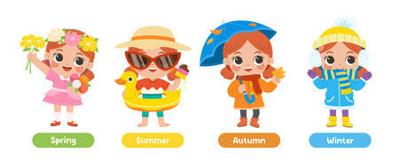 Set of Four Seasons Vector Illustrations Featuring a Cute Girl Enjoying Spring, Summer, Autumn, and Winter Activities.のイラスト素材