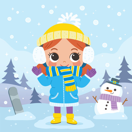 Cute girl in winter gear standing in a snowy landscape with a snowman. Playful and cozy winter mood, perfect for seasonal activities and education.のイラスト素材