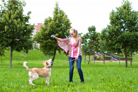 Young woman playing in the park with golden retriever puppyの写真素材